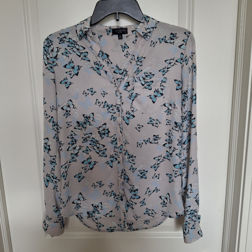 The Limited Ashton Butterfly Blouse Shirt Size XS Taupe and Blue EUC Polyester